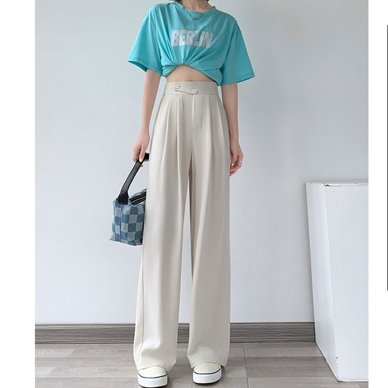 Elegant high-waist wide-leg women's trousers, perfect for office attire or modern casual style.