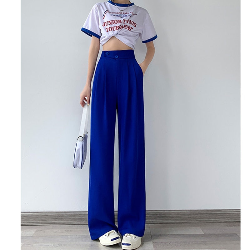 Flattering high-waist wide-leg women's trousers, offering a comfortable and stylish silhouette.