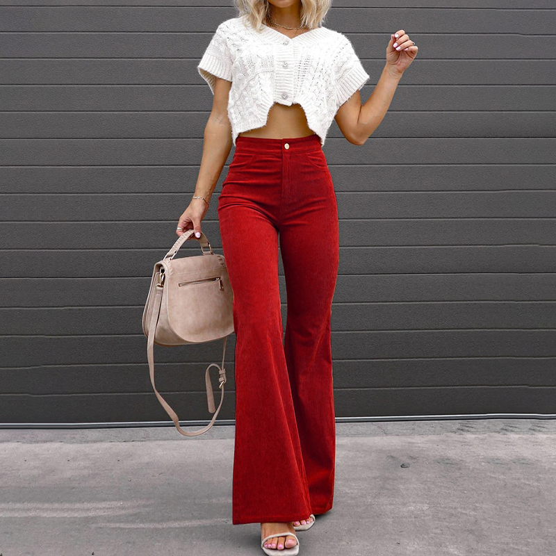 Elegant women's organic cord high-waist flared pants. Versatile wide-leg trousers for autumn & winter fashion.