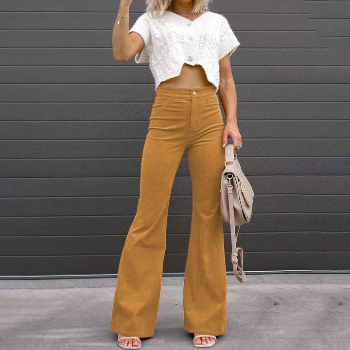 Comfortable women's retro-style wide-leg corduroy pants with a flattering high-waist and elegant flare.