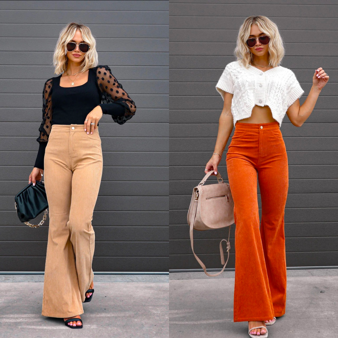 Women's 'Elegance Spice' high-waist organic corduroy flared trousers, featuring a comfortable wide-leg silhouette.
