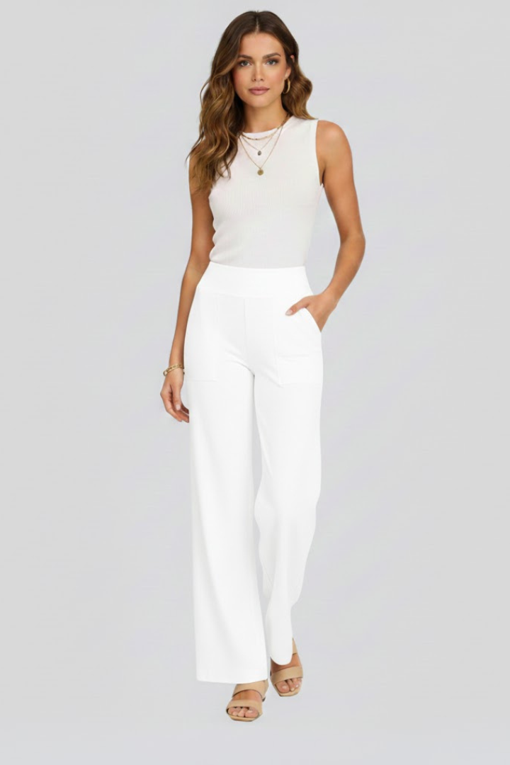 Relaxed fit women's wide-leg pants with a flattering high waist, perfect for everyday casual comfort.