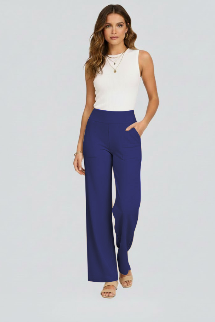 Pull-on wide-leg trousers for women, featuring a comfortable high waist and a relaxed fit in solid color.