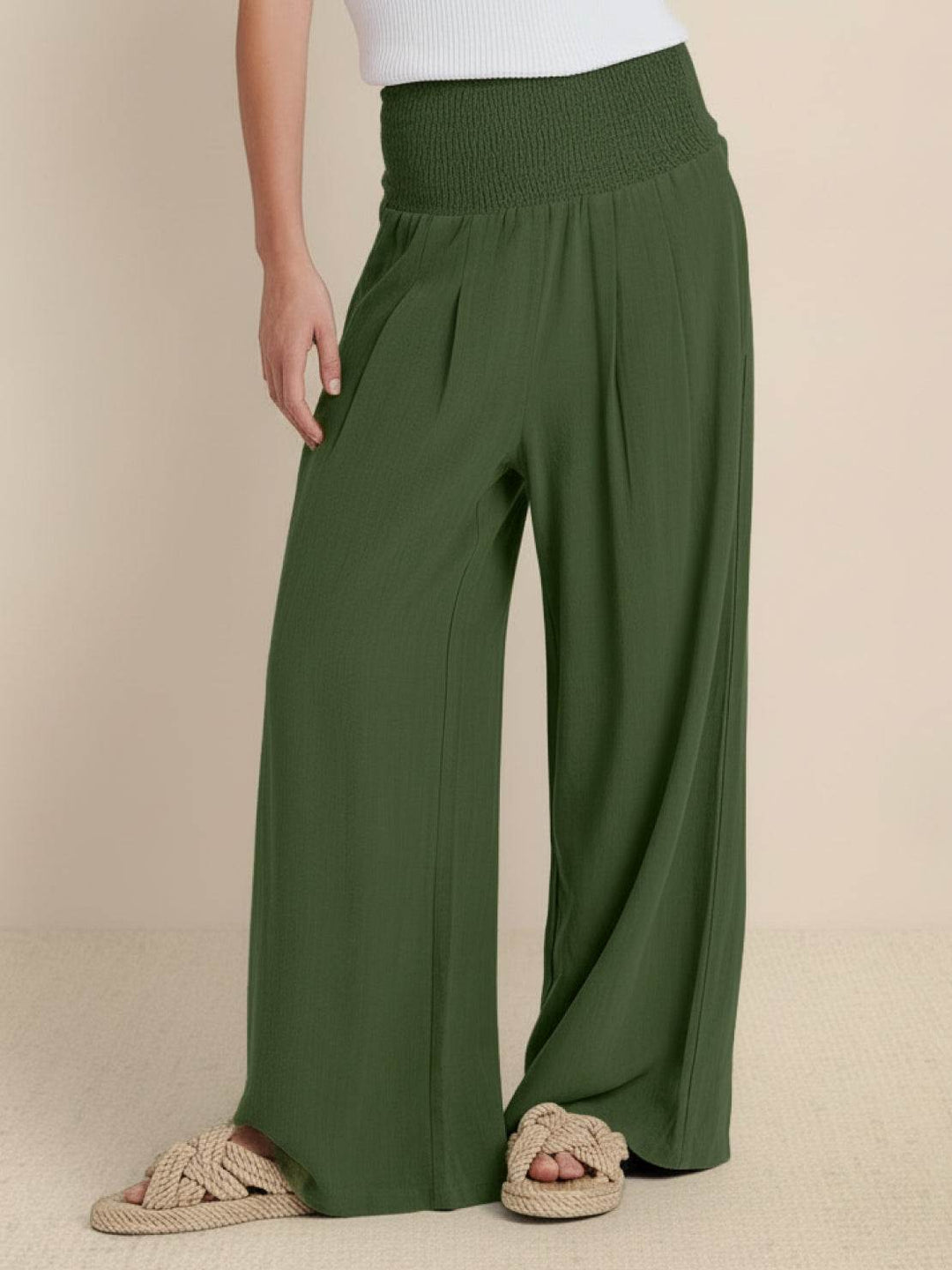 Comfortable women's high waist wide leg pants, smocked waist for a relaxed, fashionable fit.