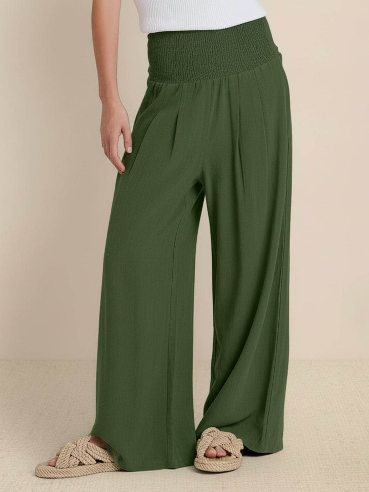 Comfortable women's high waist wide leg pants, smocked waist for a relaxed, fashionable fit.