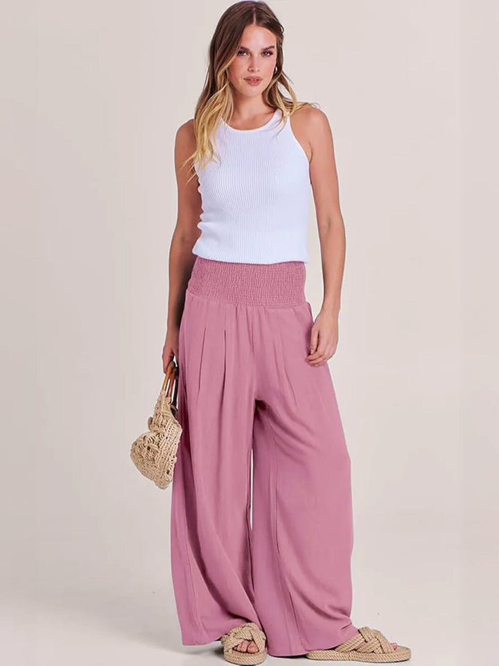 Spring fashion women's wide leg pants, high waist with smocked detailing, versatile style.