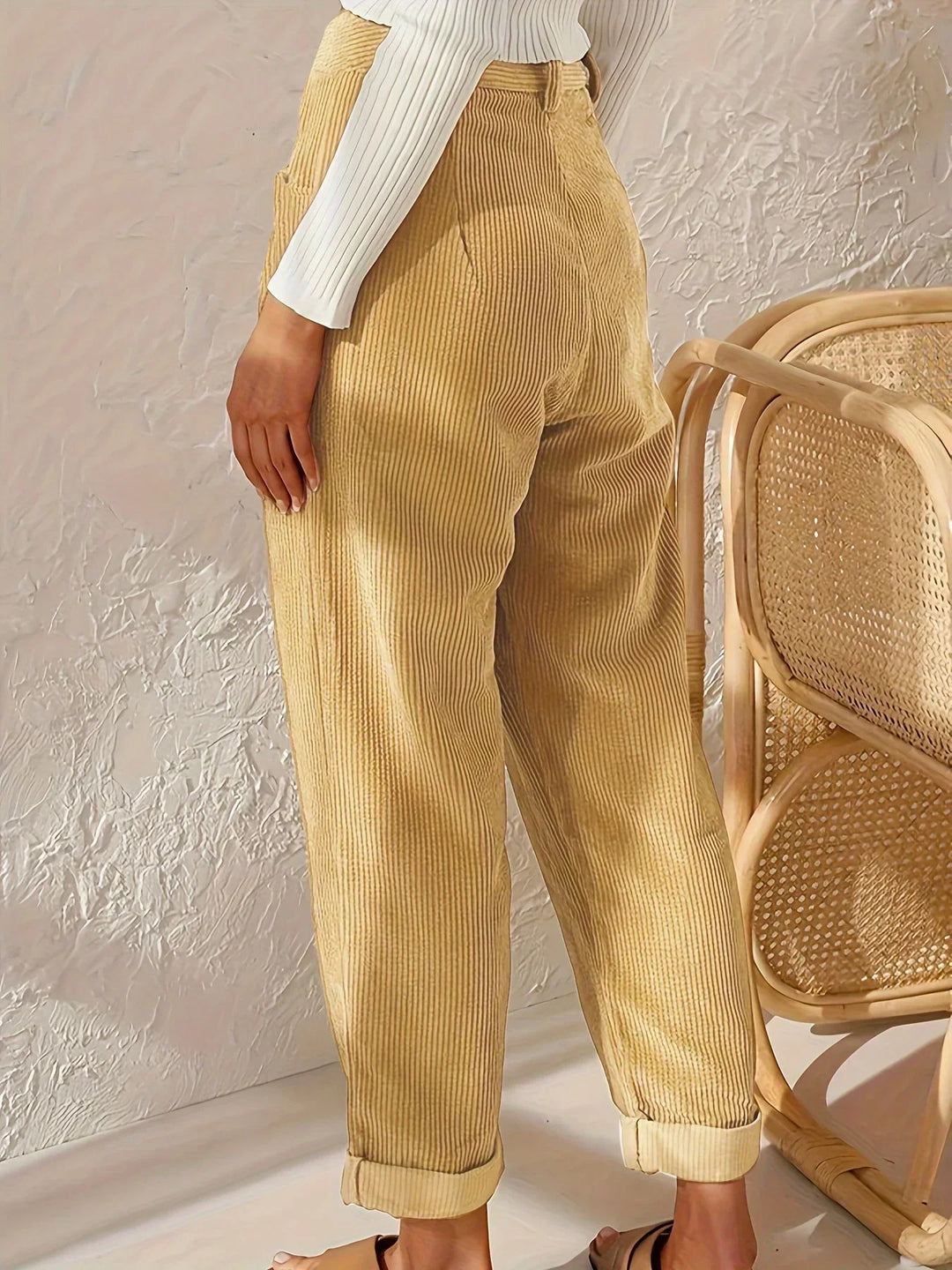 Chic Elvira high-waisted straight-fit corduroy pants for women, offering comfortable and versatile style.