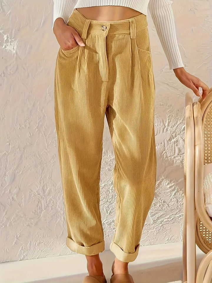 Stylish women's high-waisted straight-fit corduroy pants, a comfortable classic for any wardrobe.