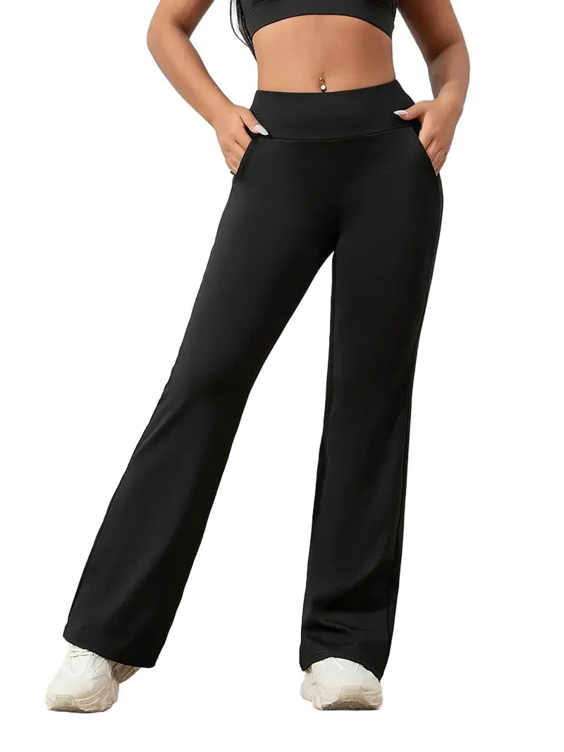 Women's high-waisted flared active pants with stretch fit, ideal for yoga, workouts & athletic activities.