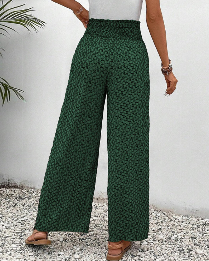 Spring/summer women's high-waisted geometric print trousers, wide-leg design offers comfort & modern style.