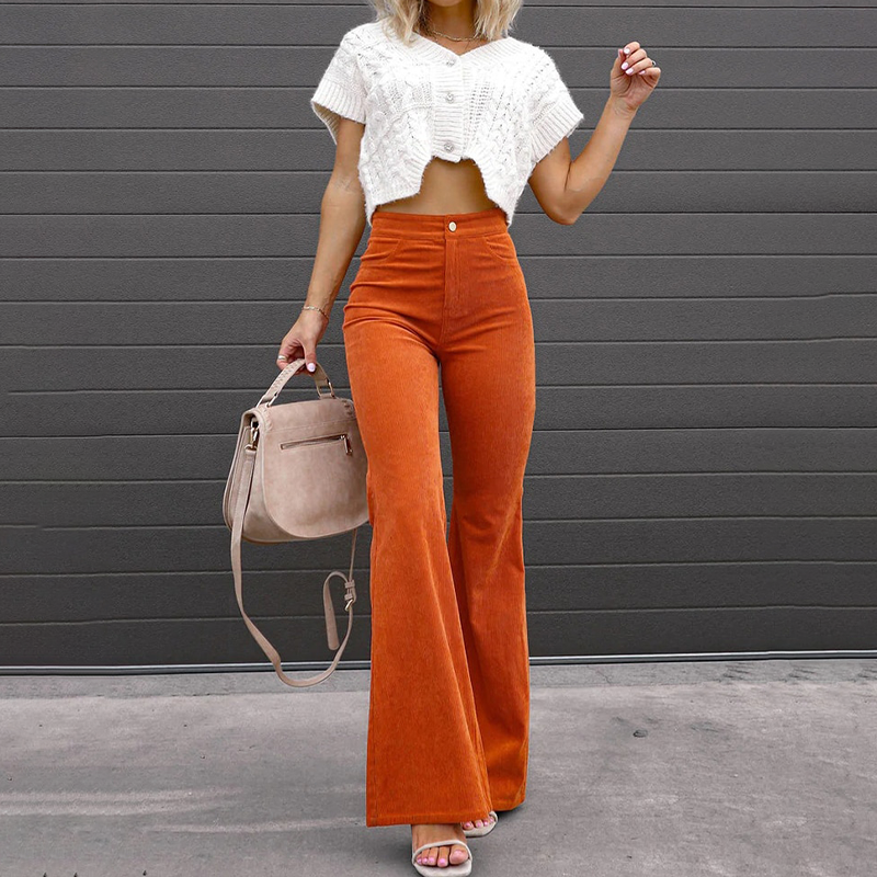 Stylish high-waisted ribbed flared trousers for women, offering a flattering silhouette and vintage appeal.