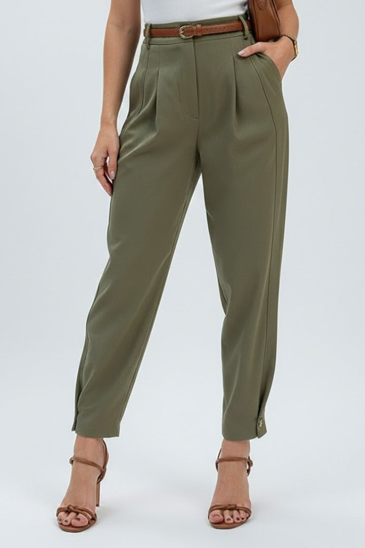 Stylish women's green high-waisted pleated tapered trousers, ideal for formal wear and office attire.
