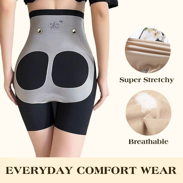 Side view of woman wearing high-waisted tummy control shaper pants under a dress, seamless look