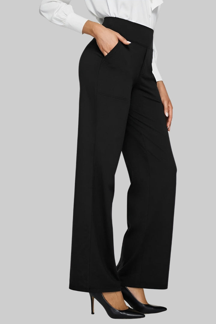 Travel-friendly women's pull-on high-waisted wide-leg pants with pockets for ultimate comfort & style.