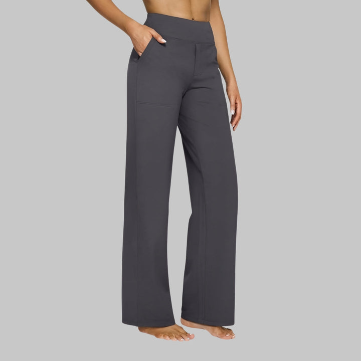 Comfortable women's pull-on high-waisted wide-leg pants with pockets, perfect for a relaxed fit.