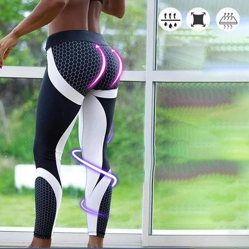 Full-length women's high-waisted yoga leggings with a unique abstract geometric print.