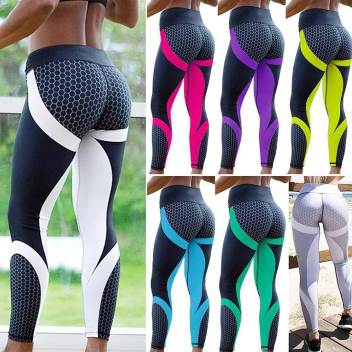 Fashionable women's yoga pants, high waist, eye-catching geometric pattern for style.