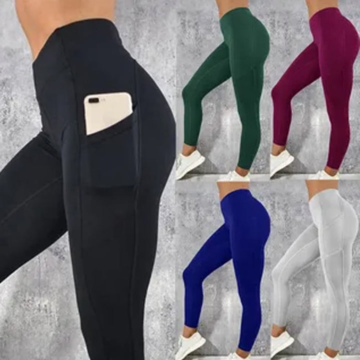Women's high-waisted yoga leggings with side pockets in black, perfect for activewear & fitness.