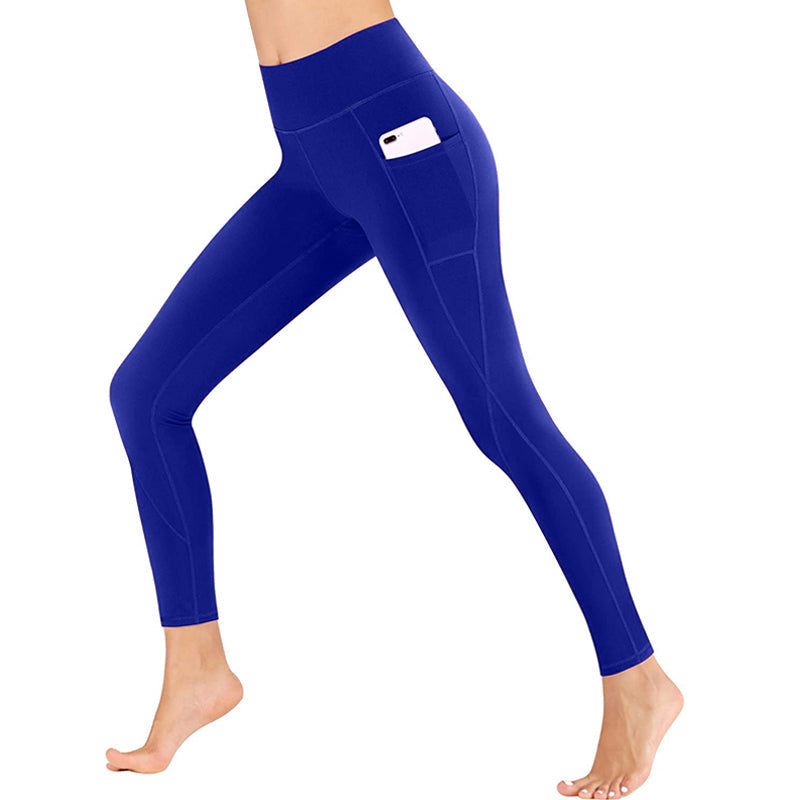 Soft, moisture-wicking fabric of women's yoga leggings with essential pockets for exercise.