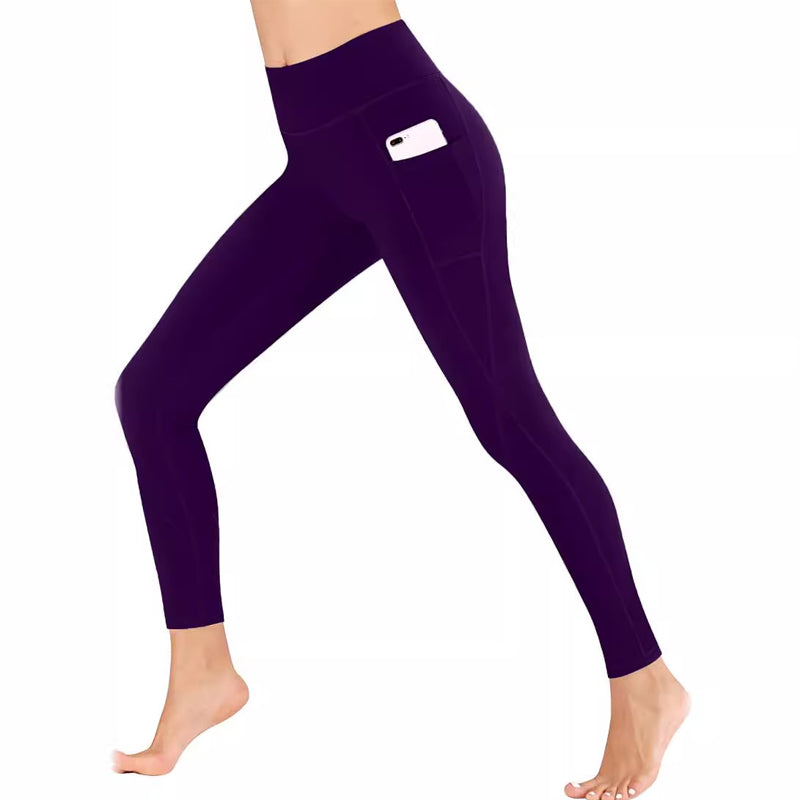 Women's stretch leggings featuring a high waist and two deep side pockets for essentials.