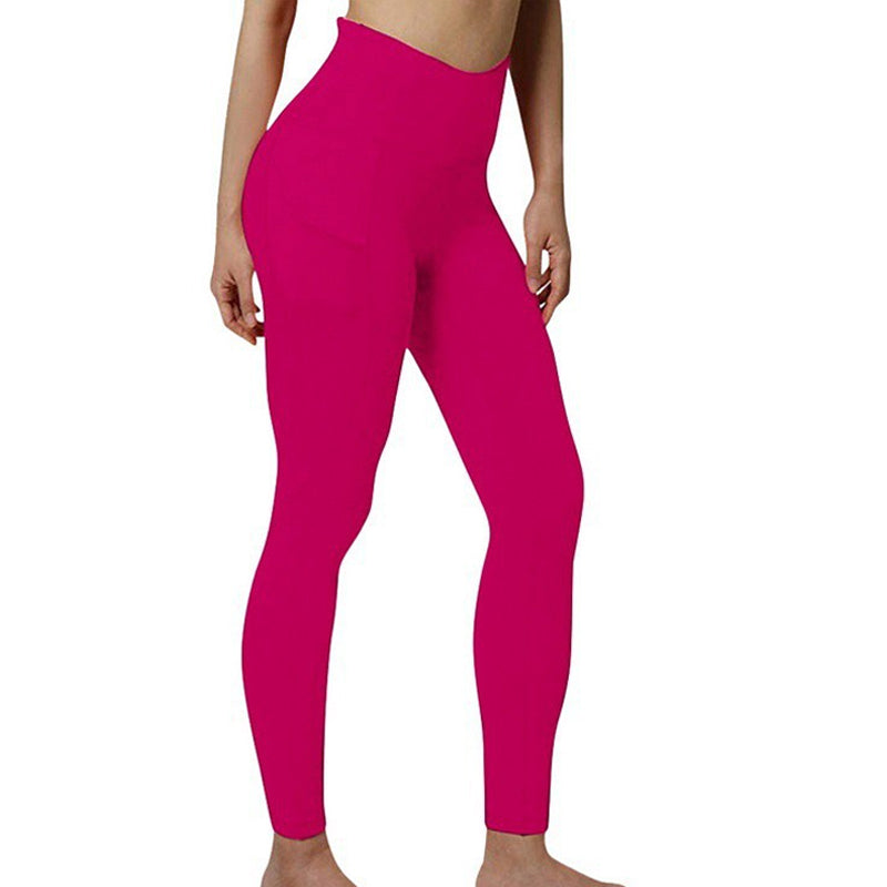 Athletic woman jogging in high-waisted yoga leggings with phone securely in the pocket.