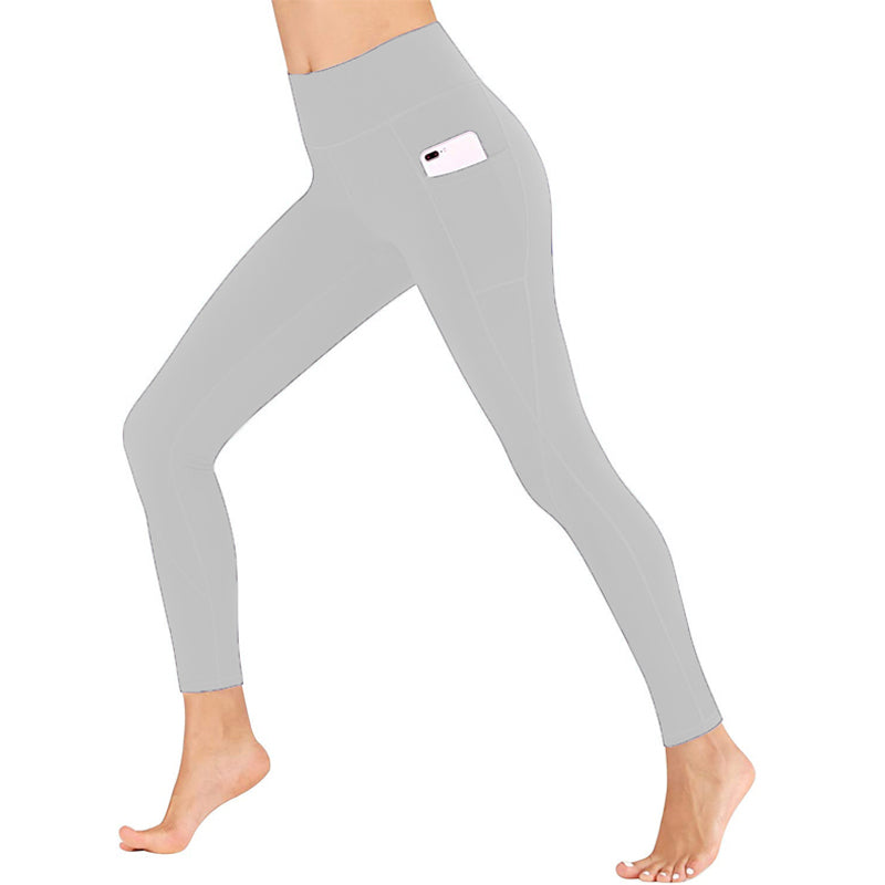 Group of women in activewear, showcasing different colors of high-waisted yoga leggings with pockets.