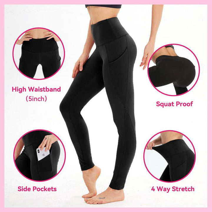 Close-up of the stretchy fabric and practical side pocket on women's yoga leggings.