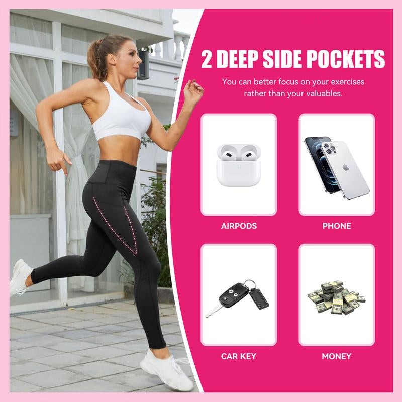 Full-length view of women's black yoga leggings, showcasing pocket detail and silhouette.