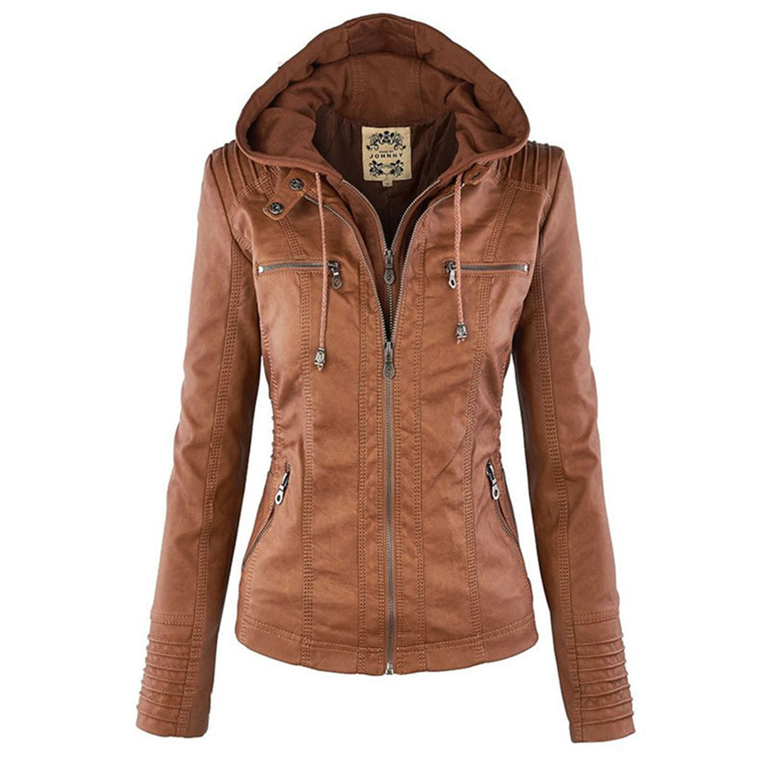Women's hooded black faux leather zip-up biker jacket, perfect for casual outerwear.