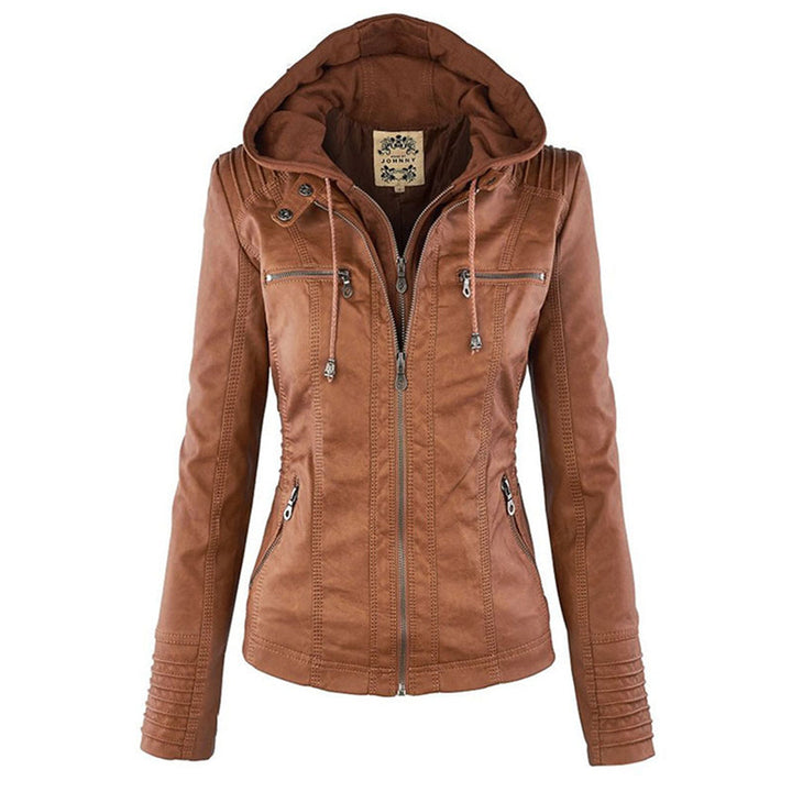 Women's hooded black faux leather zip-up biker jacket, perfect for casual outerwear.