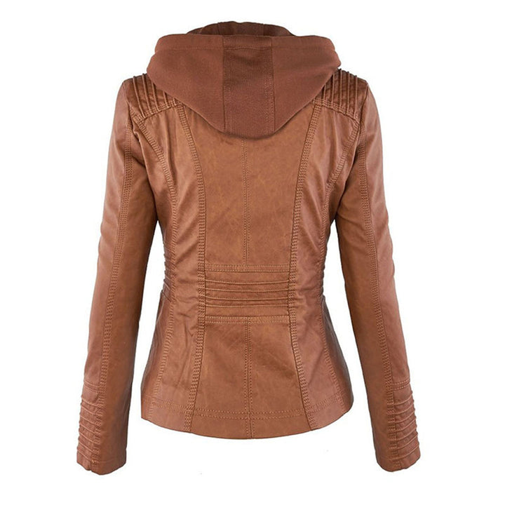 Fashionable women's faux leather biker jacket with a hood and zip-up front, ideal for autumn.