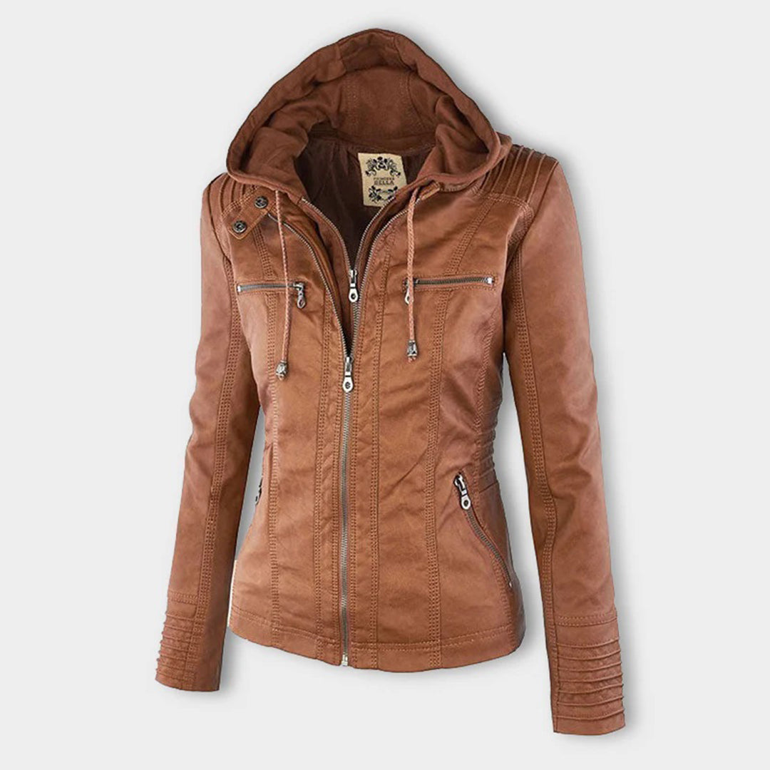 Close-up of a women's black hooded faux leather jacket, featuring a stylish zip-up design.