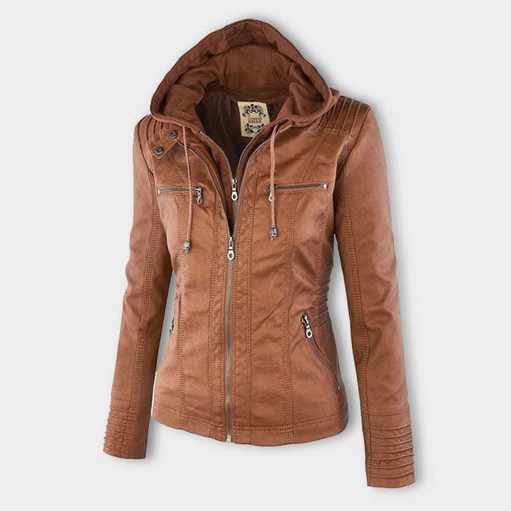 Close-up of a women's black hooded faux leather jacket, featuring a stylish zip-up design.