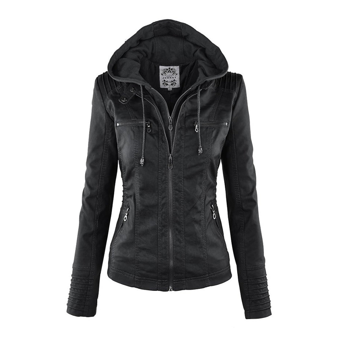 Everyday wear women's hooded biker jacket in faux leather, a versatile zip-up outerwear.