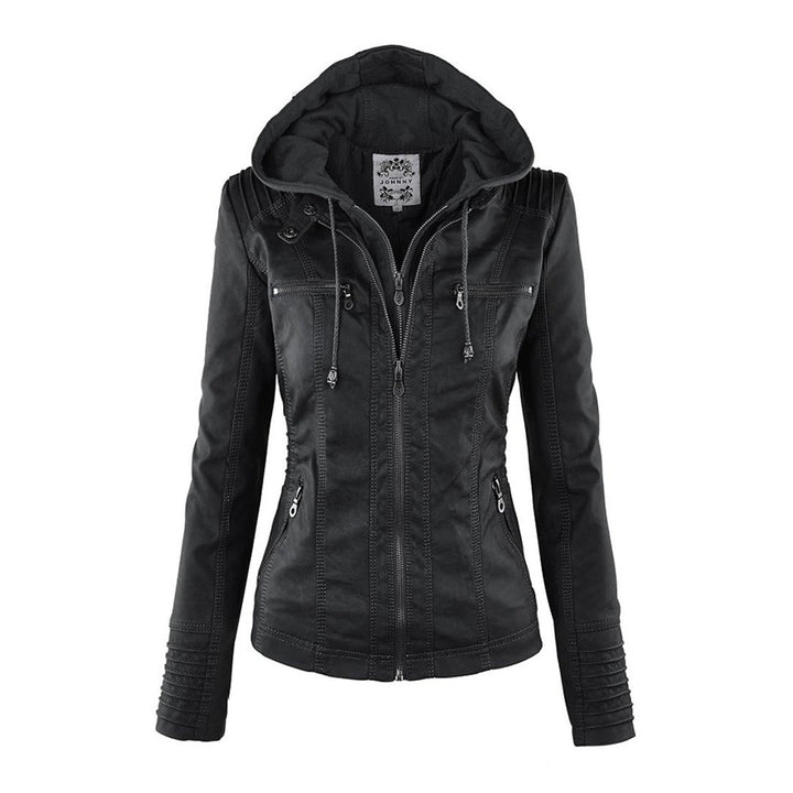 Everyday wear women's hooded biker jacket in faux leather, a versatile zip-up outerwear.