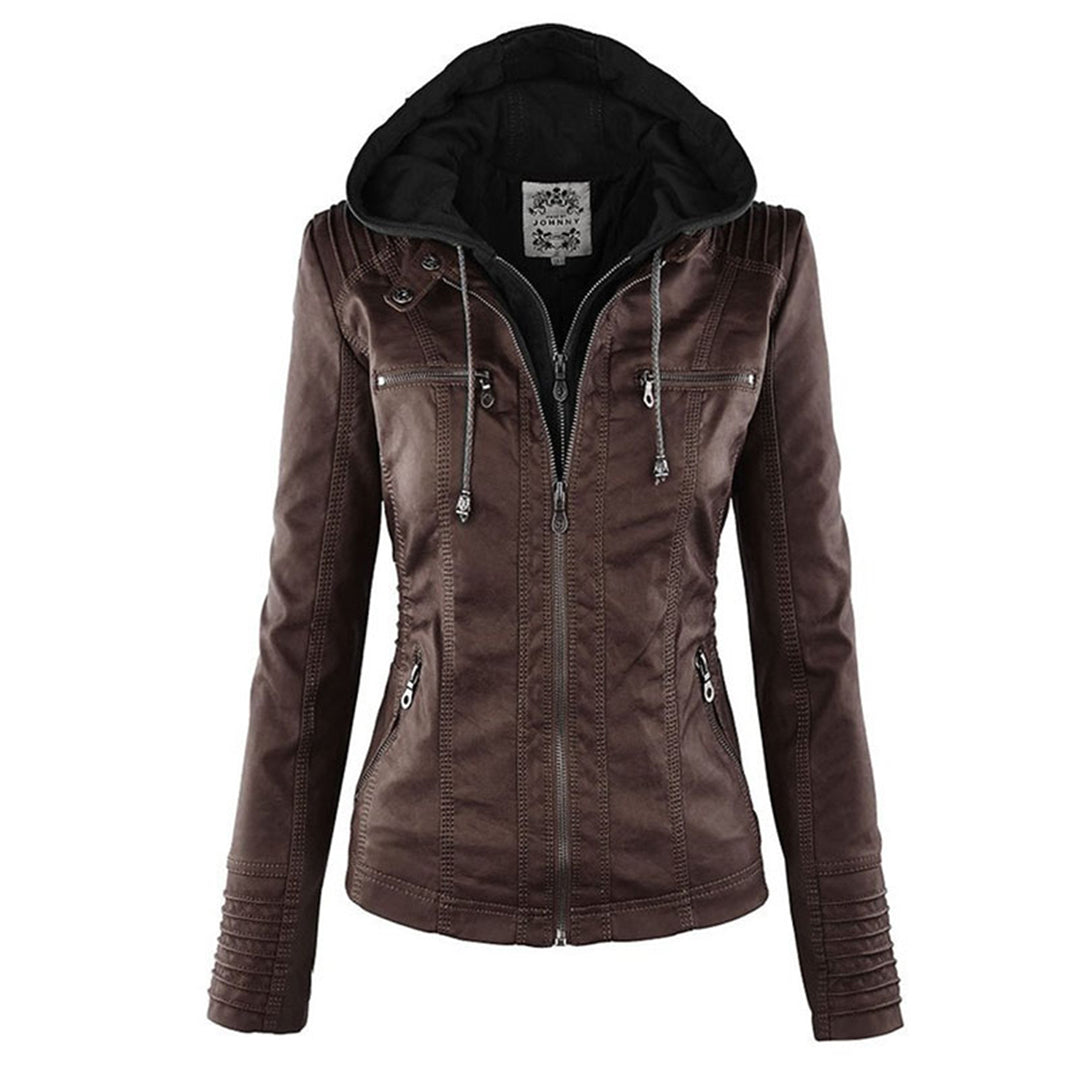Full view of a women's casual hooded faux leather zip-up jacket, a must-have autumn fashion.