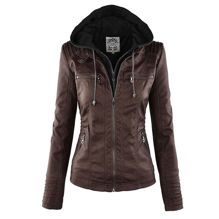 Full view of a women's casual hooded faux leather zip-up jacket, a must-have autumn fashion.