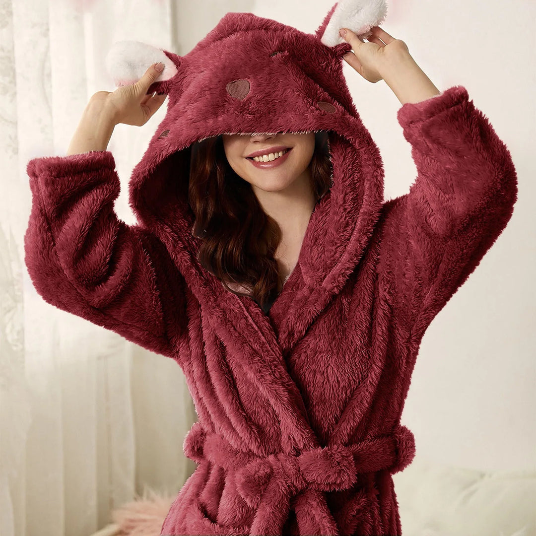 Women's hooded bunny ear bathrobe. Cozy flannel loungewear, perfect for home comfort & relaxation.