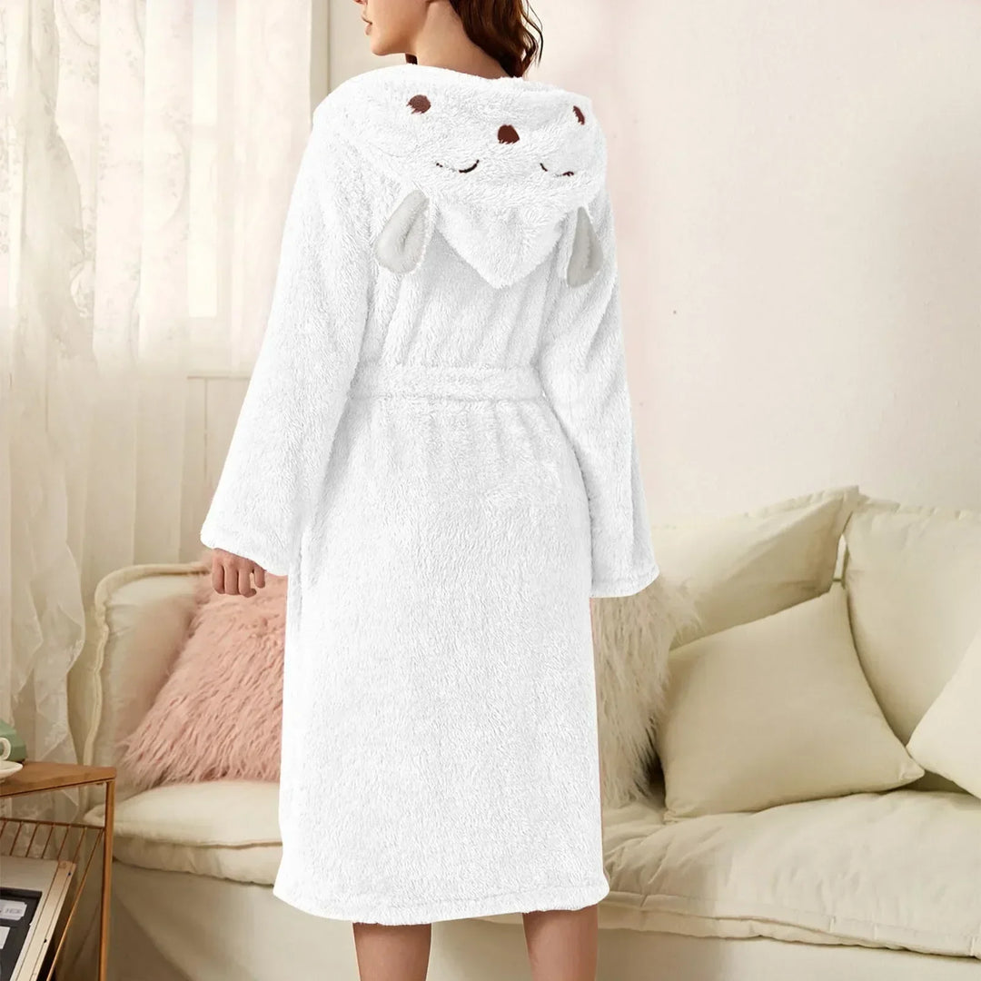 Front view: Women's hooded bunny ear flannel bathrobe. Cozy loungewear, perfect for home comfort.