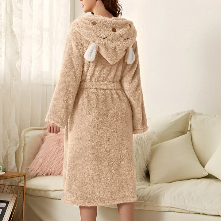 Detail view: Women's hooded bunny ear robe. Soft flannel sleepwear, perfect for cozy relaxation.
