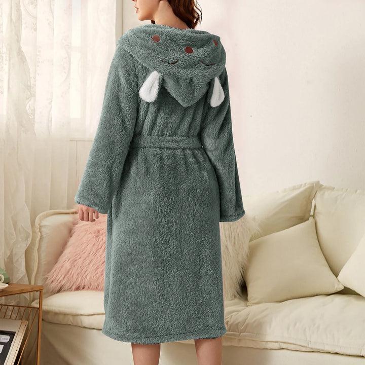 Gift for her: Cozy women's hooded bunny ear flannel bathrobe. Ultimate home comfort & relax wear.