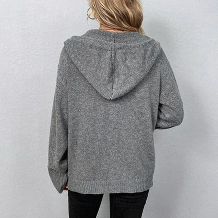 Stylish women's hooded knit cardigan, open front with button details, perfect for fall fashion