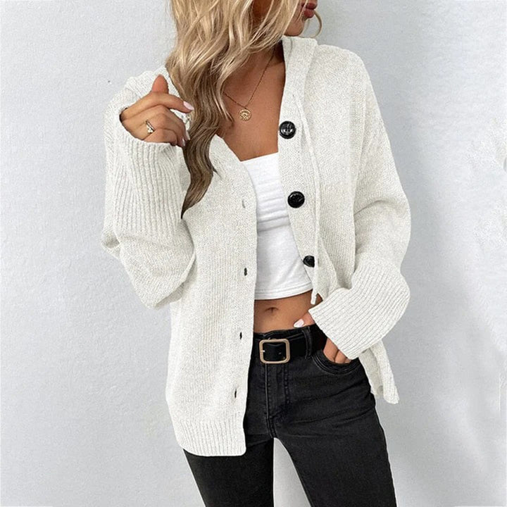 Cozy hooded knit cardigan for women, button-front design, great for casual layering outfits