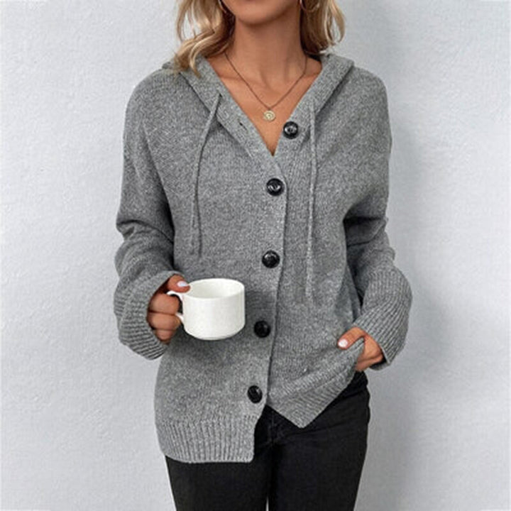 Fashionable women's hooded knit button cardigan, ideal for comfortable and chic layering