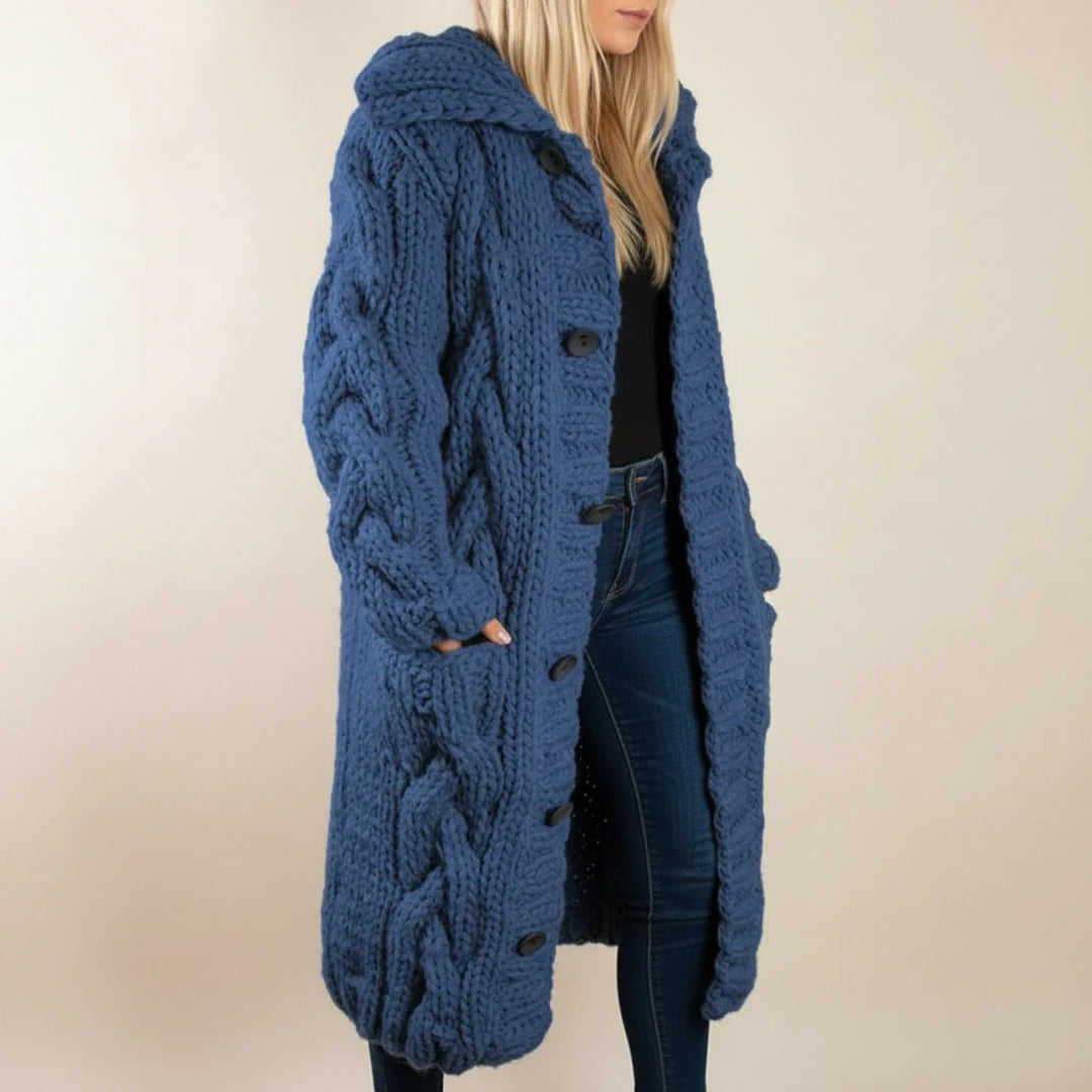 Women's hooded long winter cardigan, perfect for cozy layering. Stay warm & stylish.