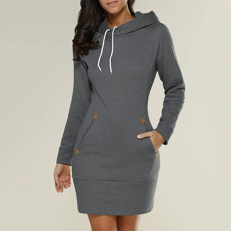 Casual women's hooded dress with pockets, ultimate comfort & stylish appeal.