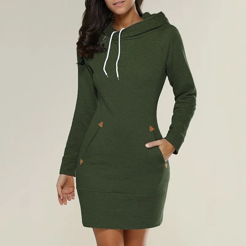 Cozy long-sleeve hooded dress, women's sweatshirt style with convenient pockets.