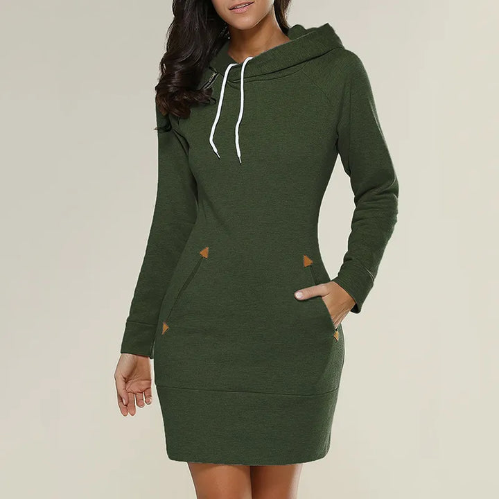 Cozy long-sleeve hooded dress, women's sweatshirt style with convenient pockets.