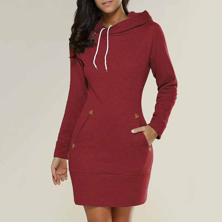 Women's fall fashion: Hooded sweatshirt dress, pockets, ideal for cozy style.