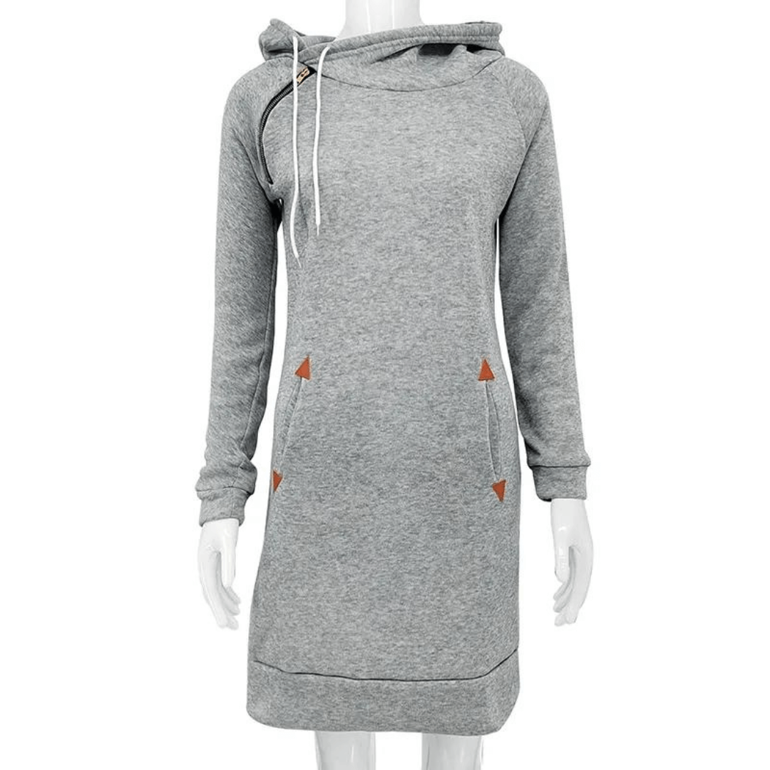 Casual long-sleeve hooded dress with pockets, perfect for comfort wear.